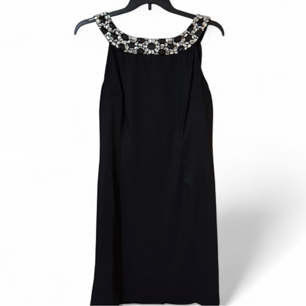 Connected Apparel Black Dress with Embellished Neckline